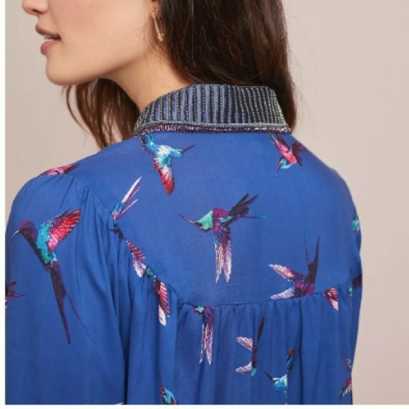 Anthropologie Ranna Gill Audubon Embroidered collared Blouse sequins hummingbird - Picture 5 of 13